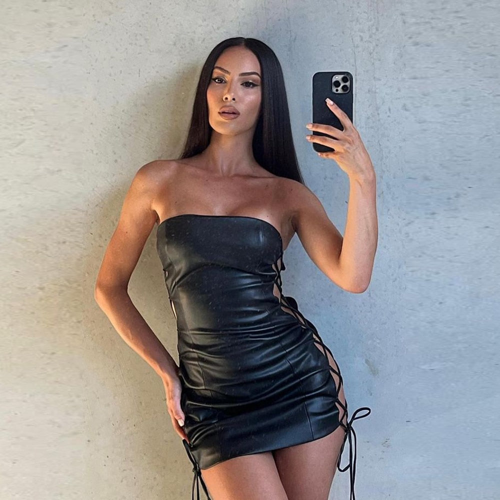 SALEM PU LEATHER SIDE LACE UP MINI DRESS