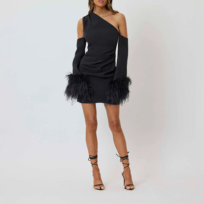 ALONDRA FEATHERS SLEEVE ONE SHOULDER MINI DRESS