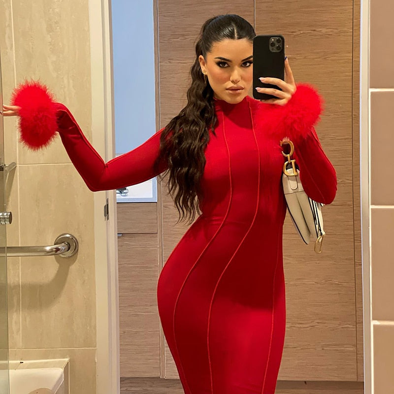 PEMMA RED MAXI FEATHER SLEEVE DRESS