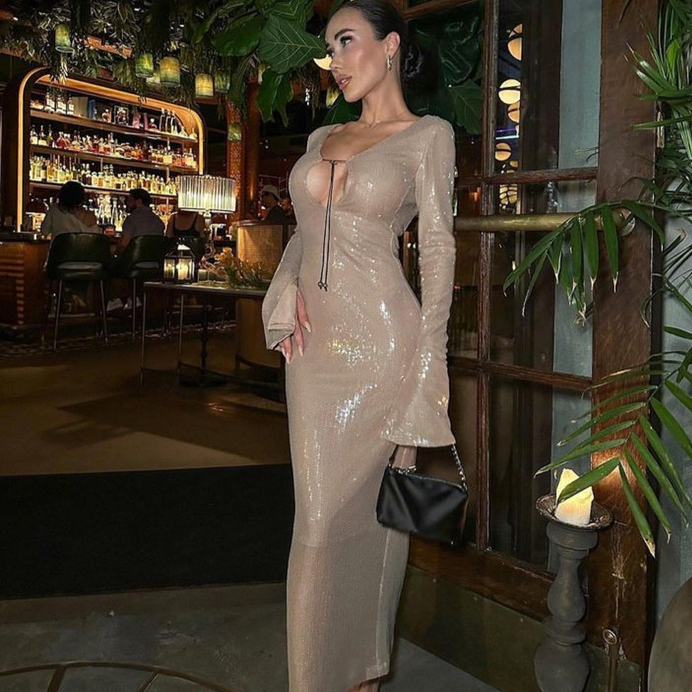 HAILEY LONG SLEEVE SEQUINS BACKLESS MIDI DRESS