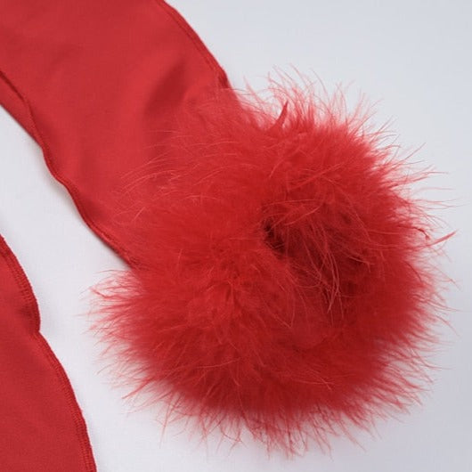 PEMMA RED MAXI FEATHER SLEEVE DRESS
