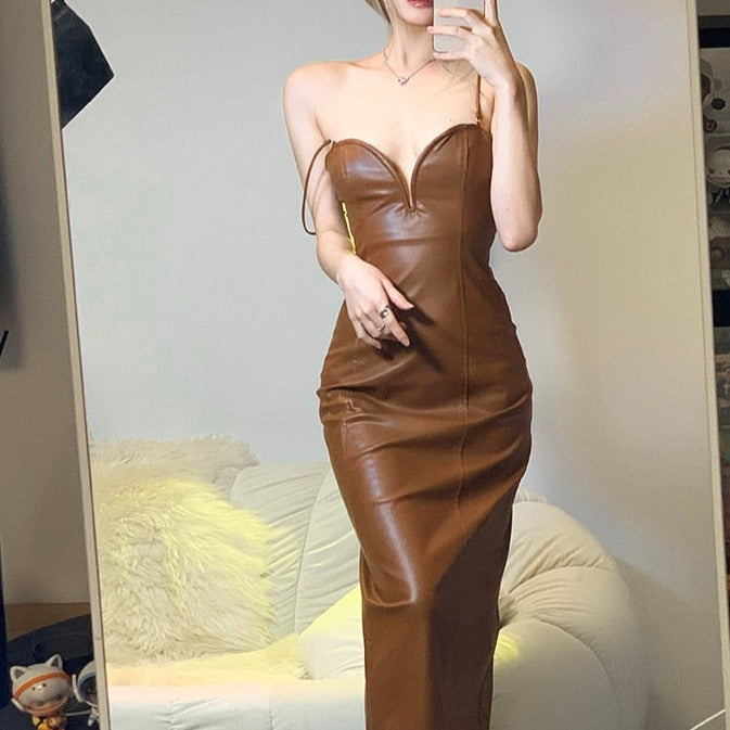 LEIGHTO PU LEATHER SIDE SLIT BROWN MIDI DRESS
