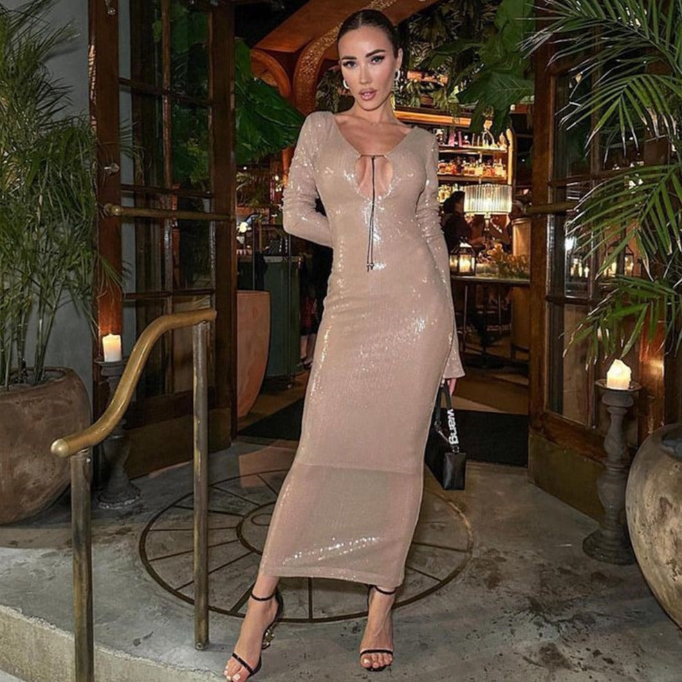 HAILEY LONG SLEEVE SEQUINS BACKLESS MIDI DRESS