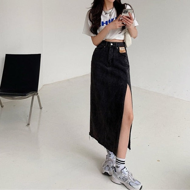 EILEEN MAXI JEANS SIDE SLIT SKIRT