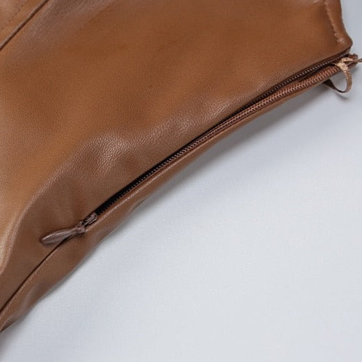 LEIGHTO PU LEATHER SIDE SLIT BROWN MIDI DRESS