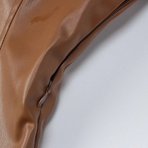 LEIGHTO PU LEATHER SIDE SLIT BROWN MIDI DRESS