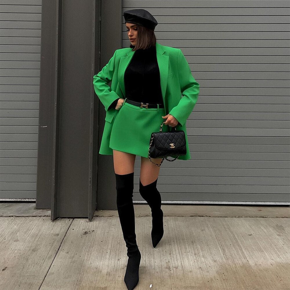 RYAN GREEN BLAZER and MINI SKIRT SUIT