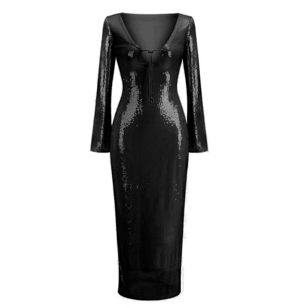 HAILEY LONG SLEEVE SEQUINS BACKLESS MIDI DRESS