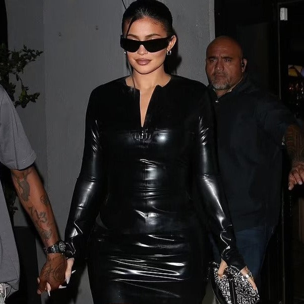 KYLIE BLACK PU LEATHER LONG SLEEVE MINI DRESS