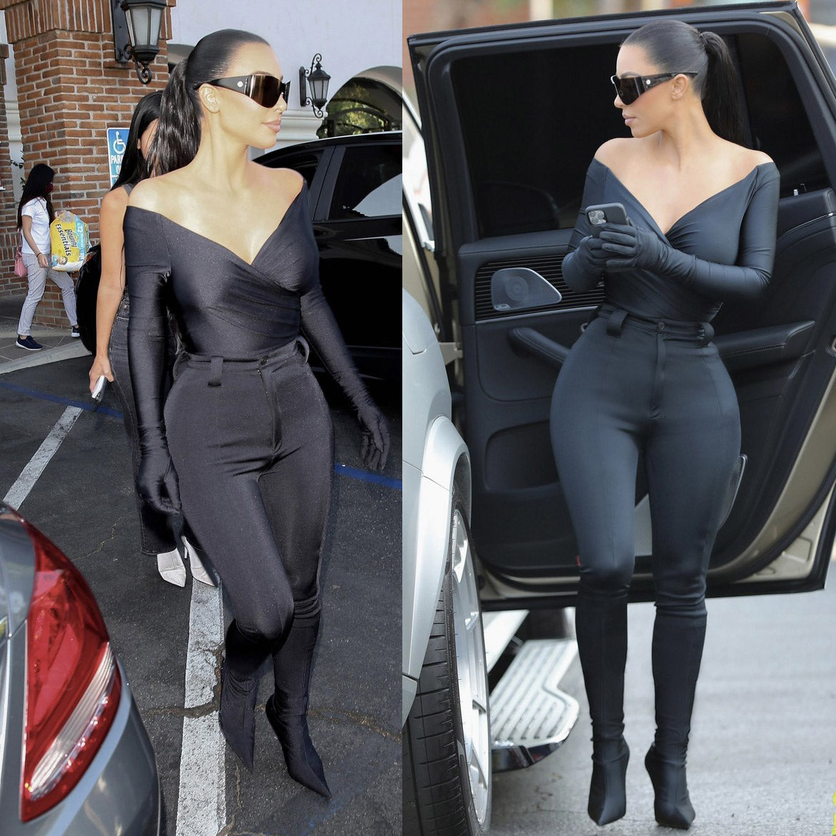 Kim K Inspired Black Bodysuit Black Deep V Neck Top Black One