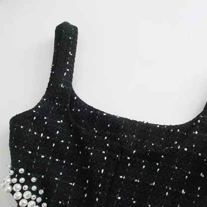 OMELIA BLACK CUT OUT MINI DRESS with PEARLS