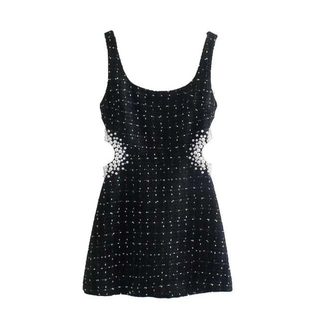 OMELIA BLACK CUT OUT MINI DRESS with PEARLS