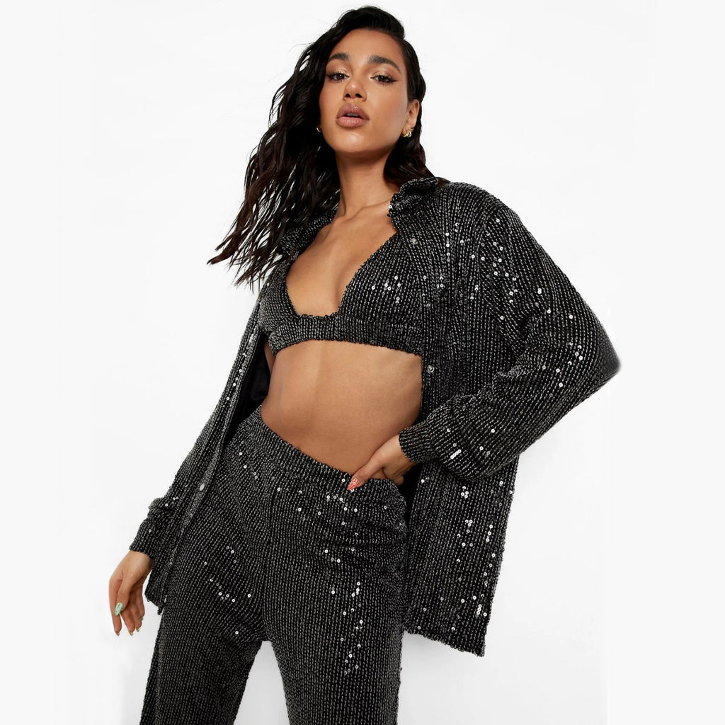 MAREN SPARKLING SHIRT PANTS and BRA 3 PIECE SET